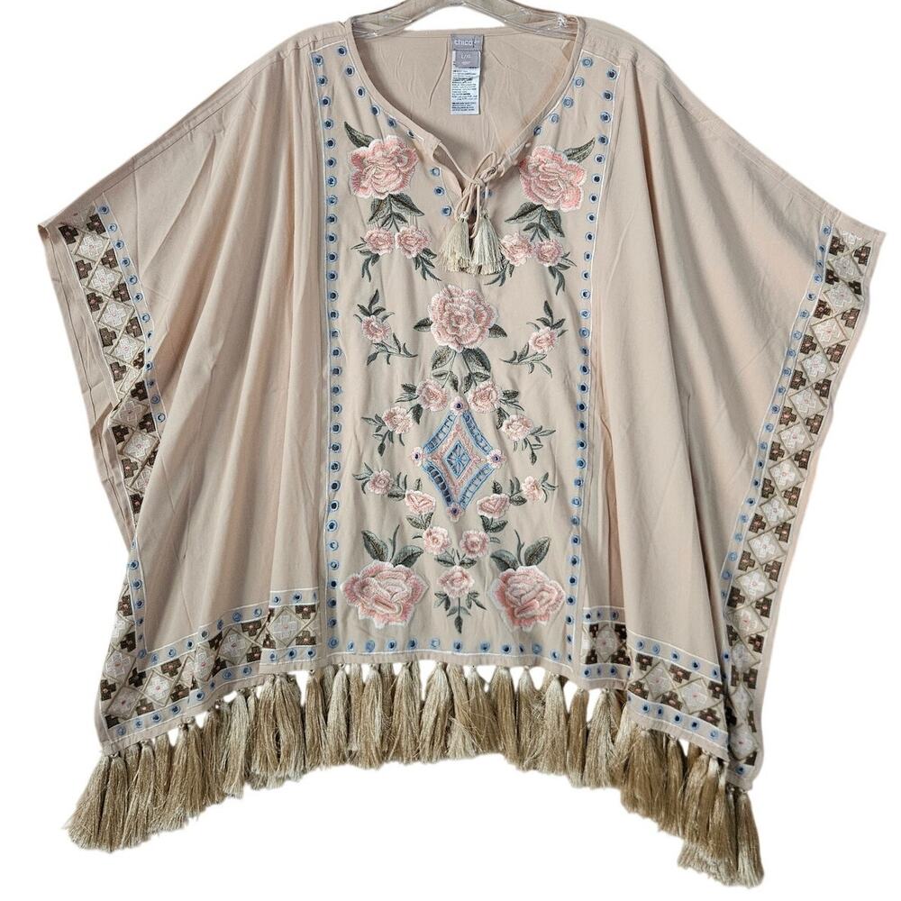 Chico's Embroidered Rose L/XL Blush Peach Poncho Fringe Tassel Boho 70s